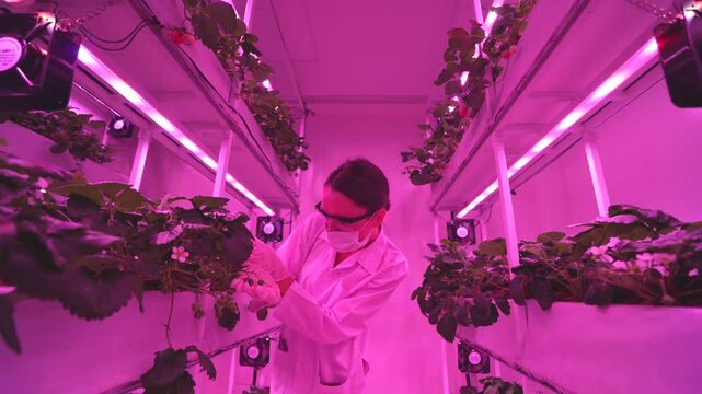 scientist in a mask and lab coat examines plants in an indoor lab with pink grow lights, reaching up to inspect growth. The setup includes fans and specialized lighting, highlighting botanical lab.