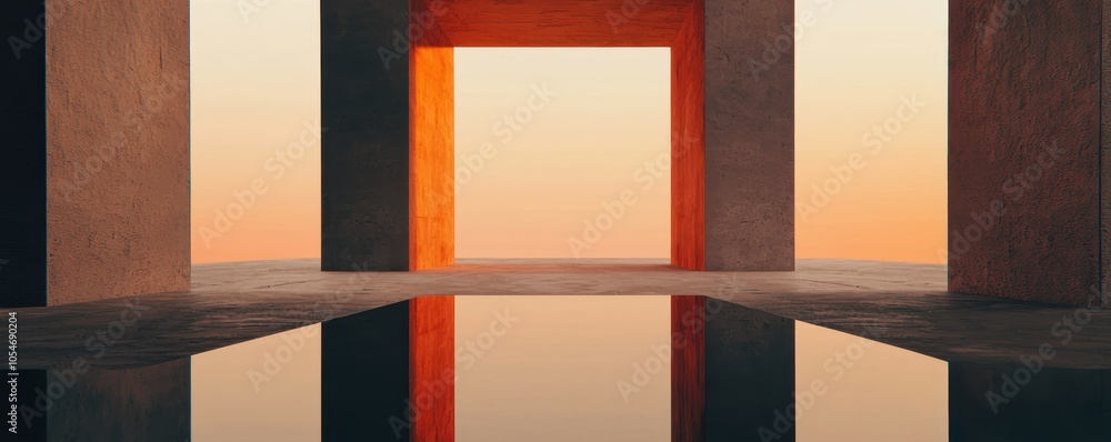 Poster the image features abstract architecture with a vibrant orange doorway, framed by stone structures r