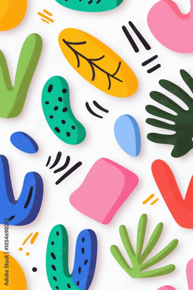 Poster colorful abstract shapes and patterns in vibrant hues create a playful, artistic composition.