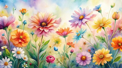 Obraz premium Watercolor painting of colorful bloomer flowers with thin clear petals against a low angle view