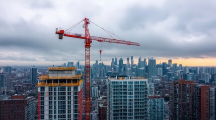A construction crane towers over urban buildings under a cloudy sky, showcasing a vibrant cityscape in progress.