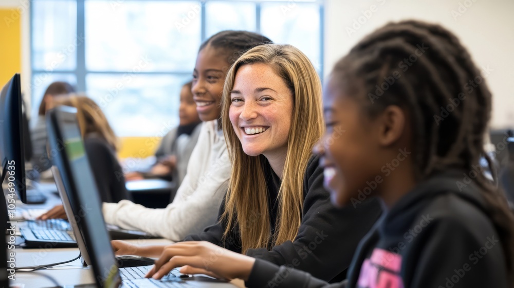 Poster students and a teacher smiling as they work together on a computer project in a modern