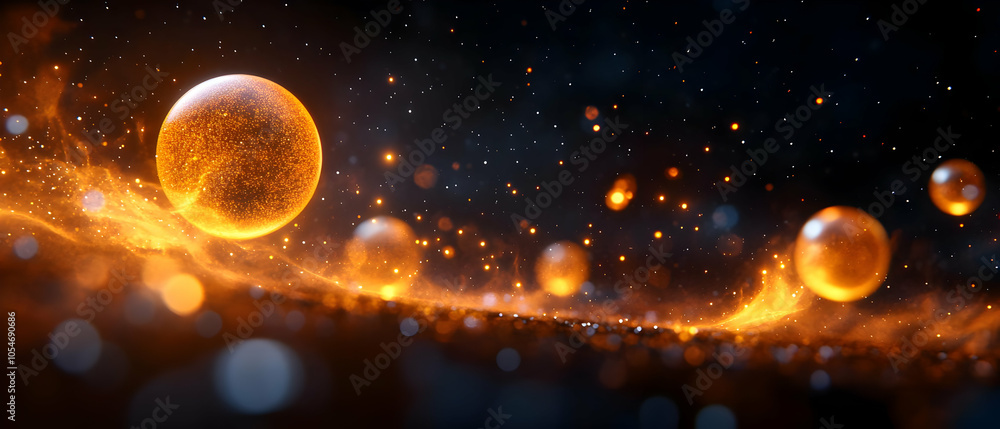 Poster a mesmerizing cosmic scene featuring glowing orbs and sparkling particles against a dark backdrop.