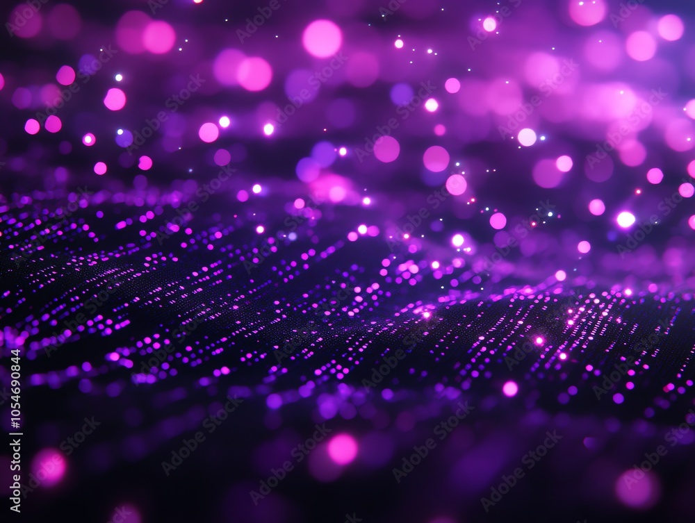 Poster Abstract purple bokeh background with blurred lights and a wave of glowing particles.