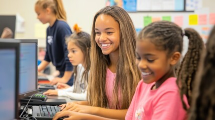 Students smiling and focused on their computer screens while their teacher walks around the