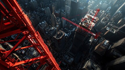 Aerial view of a cityscape featuring a red crane, showcasing an urban construction site amidst towering buildings and bustling crowds below.