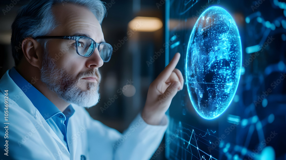 Poster scientist examining digital globe interface with futuristic technology.