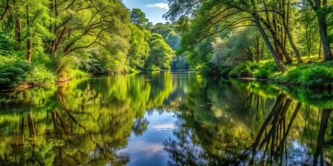 Scenic view of river in forest with trees and shrubbery reflected