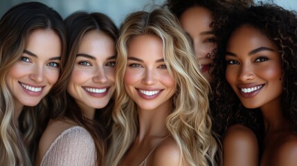 A diverse group of women smiling and posing for the camera, representing beauty diversity in skincare advertising