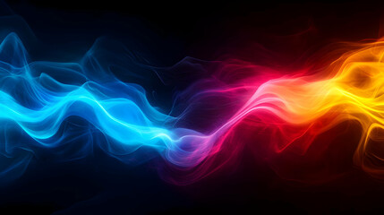 Fototapeta premium Abstract waves of blue, pink, and orange light swirl seamlessly on a black background, creating a vibrant visual effect.