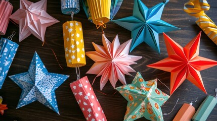 Obraz premium Tanabata-themed gift sets featuring decorative star-shaped lanterns, colorful streamers,