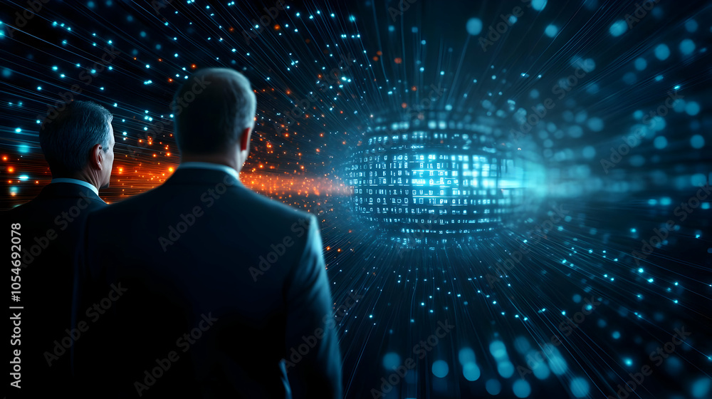 Poster two professionals observing a digital landscape with binary patterns and light effects, representing