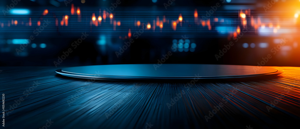 Poster illuminated stage with a circular platform, creating a dramatic atmosphere against a blurred backgro