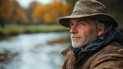 Elderly man enjoying a peaceful day fishing by a serene river surrounded by autumn foliage