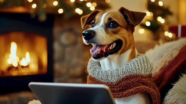 Happy dog in cozy sweater enjoys warm ambiance by fireplace while using tablet, surrounded by festive lights for perfect indoor pet moment.