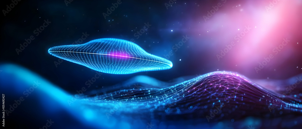 Poster abstract futuristic design with glowing waves and a floating, wireframe shape in vibrant blue and pu