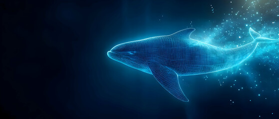 A magnificent whale swimming gracefully through the deep ocean, illuminated with ethereal blue light.