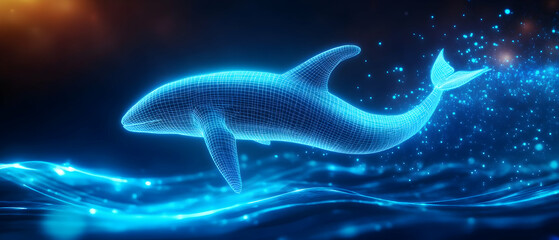A luminous whale gracefully swimming through water, showcasing vibrant blue hues and sparkles in a mystical aquatic environment.