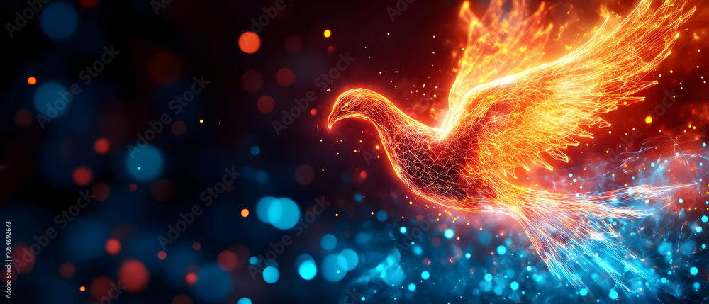 Poster a vibrant, abstract representation of an illuminated bird in flight, surrounded by colorful bokeh li