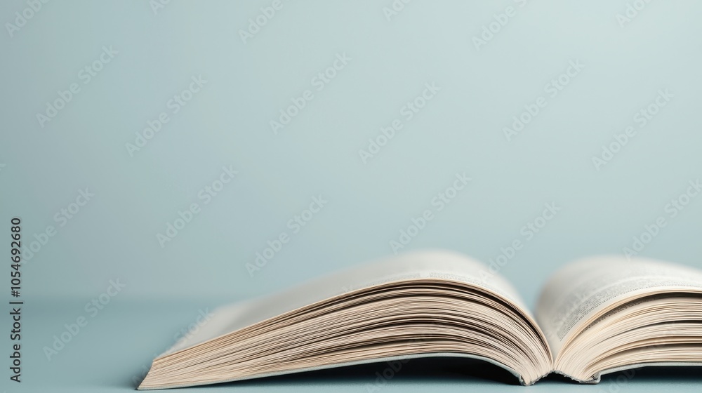 Poster an open book rests on a surface with soft lighting, showcasing its pages against a calming blue back