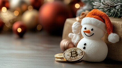A festive Bitcoin-themed Christmas image featuring a snowman, ornaments, and pinecones, combining cryptocurrency with holiday spirit and winter decorations