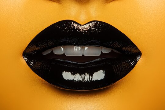 closeup of lips with metallic tongue and teeth, lexical generative copy space background.