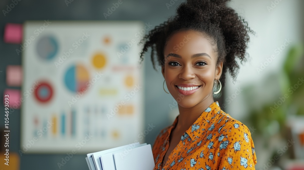 Poster a smiling woman holding her documents while standing in front of an office board with graphs and cha