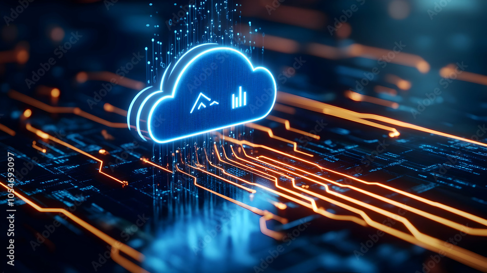 Poster a futuristic cloud icon surrounded by digital circuits, symbolizing cloud computing and data analyti