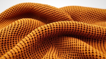 A close-up of textured orange fabric, showcasing a mesh-like pattern with soft folds, ideal for...