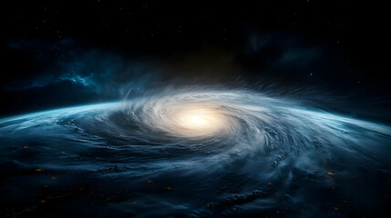 A stunning view of a swirling galaxy with vibrant blue hues and a bright core against a backdrop of deep space.