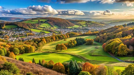 Scenic view of Swansea Valley and Mond golf club course in Clydach during Autumn UK