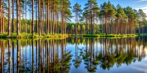 Scenic view of tall slender pines reflected in bushes during summer in forest