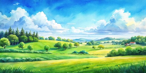 Obraz premium Watercolor painting of countryside landscape