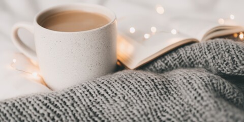 A cozy desk with a book, cup of coffee and decorative lights.