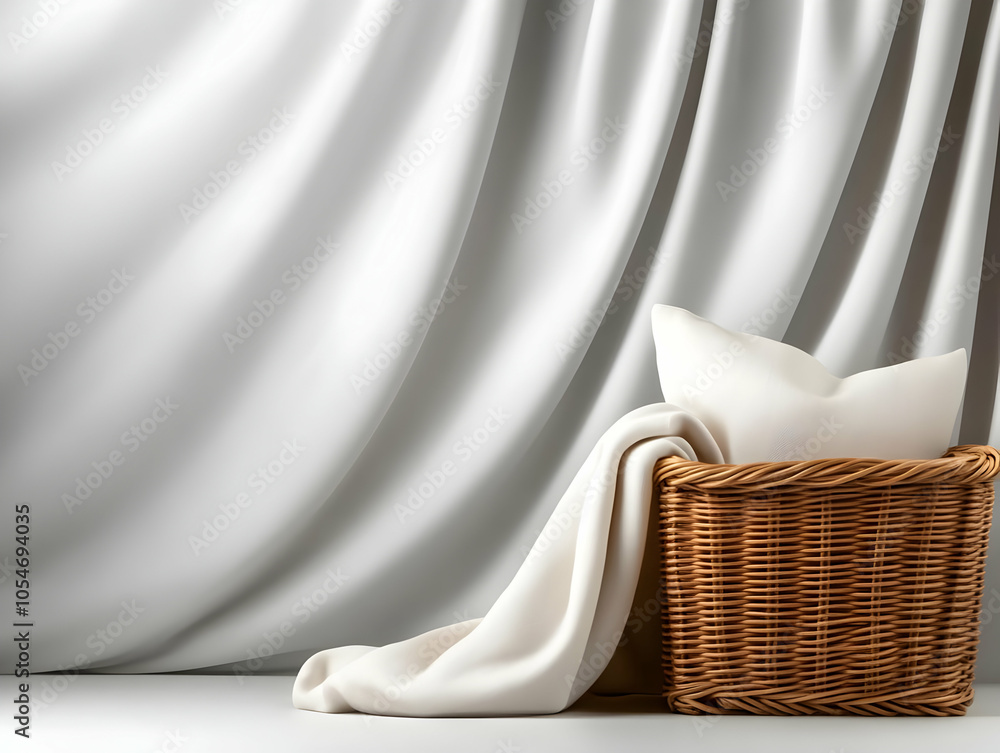 Poster elegant white curtain backdrop with a wicker basket holding soft cushions and a blanket, creating a 