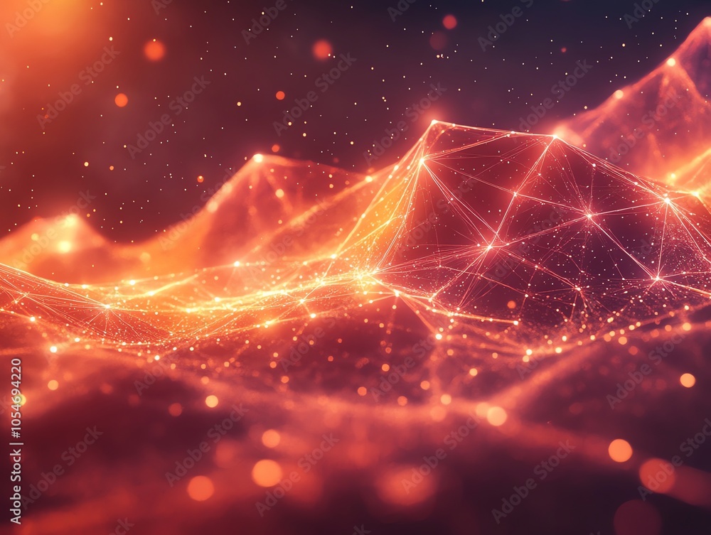 Poster Abstract orange and red background with glowing lines and particles.