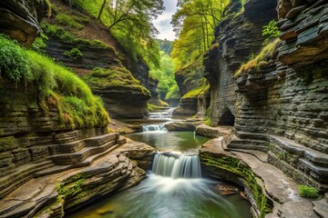 Scenic view of water flowing through the gorges of Watkins Glen State Park reflected in the water