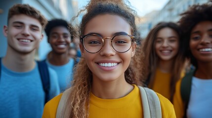 Fototapeta premium group of smiling young students taking selfie on the street, diverse group with glasses and backpacks, looking at camera