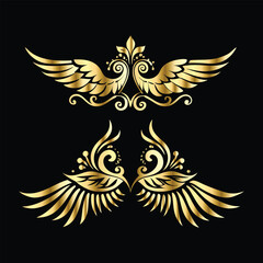 Vintage Wings in Gold: Angel, Bird, and Cupid Silhouette Frame Icons Set
