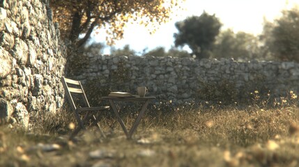 A wooden chair and table sit in front of a stone wall, with a book and coffee cup on the table. The scene is bathed in warm sunlight.
