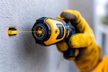 Construction worker measuring with a laser level tool on a construction site, capturing the accuracy in building, symbolizing skill and structure