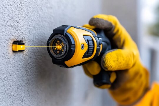 Construction worker measuring with a laser level tool on a construction site, capturing the accuracy in building, symbolizing skill and structure