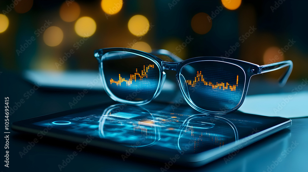 Poster futuristic glasses displaying data graphs on a tablet with a blurred background of lights.
