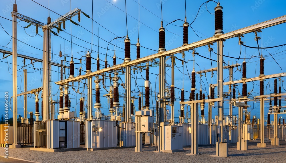 Wall mural power transformers cluster in high voltage outdoor substation environment