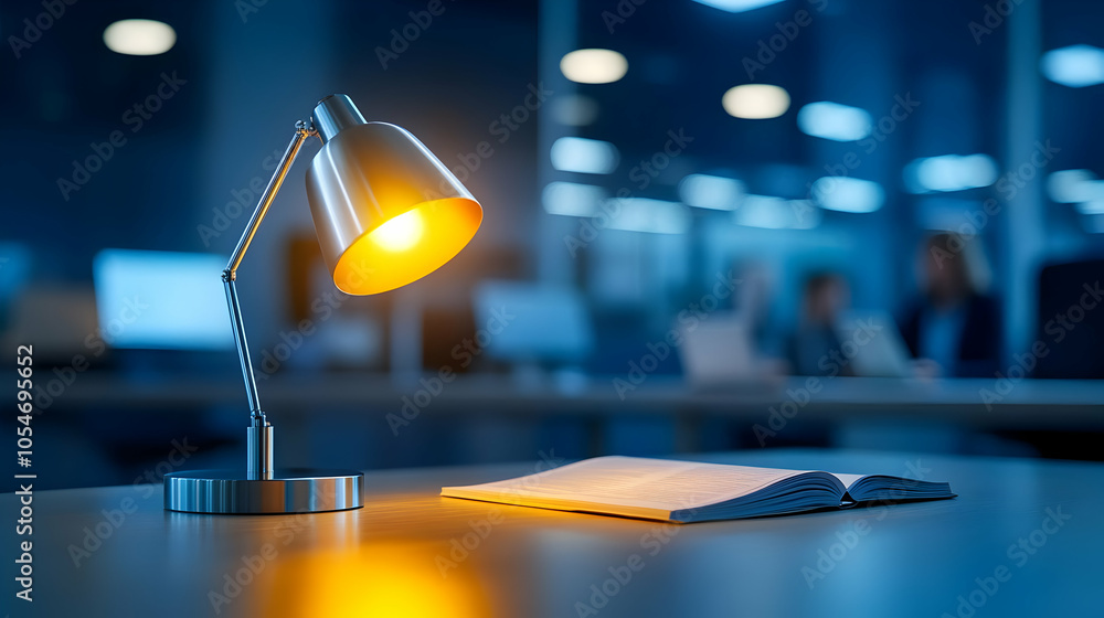 Poster a stylish desk lamp illuminates an open book in a modern office setting, creating a warm and invitin