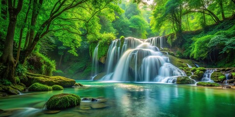 Obraz premium Scenic waterfall in lush green forest with blurred trees in the background