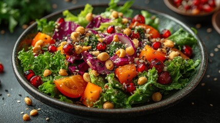 Colorful salad with greens, tomatoes, nuts, and pomegranate seeds.