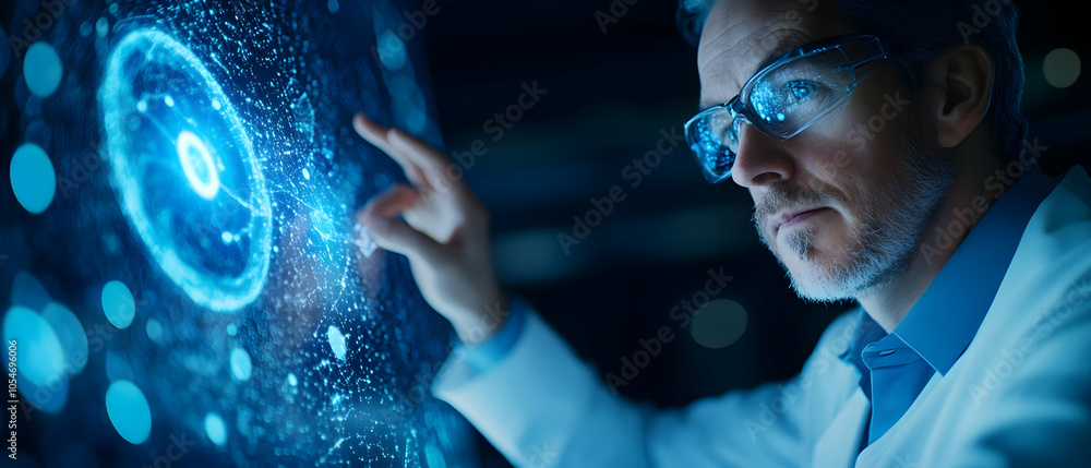 Poster scientist exploring digital data visualization with futuristic interfaces.