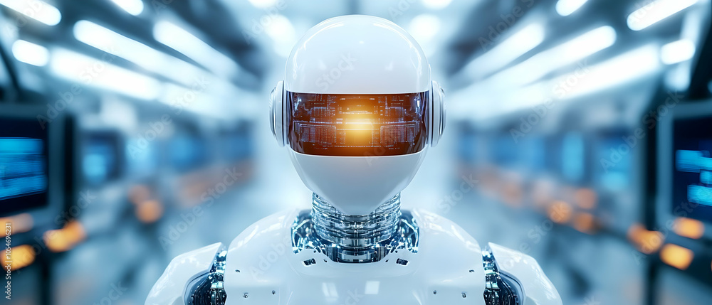 Poster futuristic robot in a high-tech environment with glowing features, representing advanced technology 