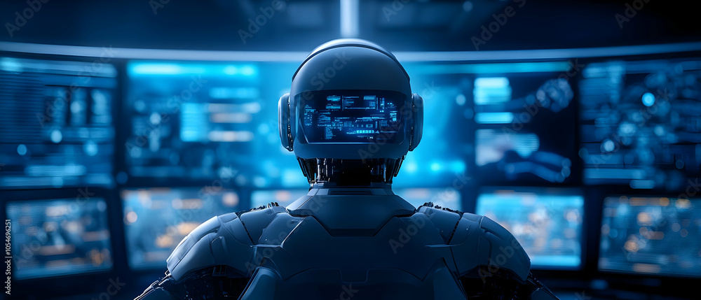 Poster futuristic robot operating multiple high-tech screens in a dark environment. cutting-edge technology
